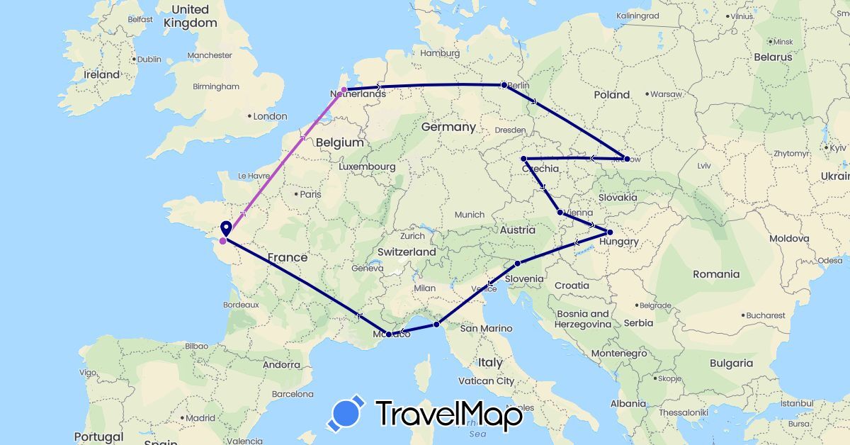 TravelMap itinerary: driving, train in Austria, Czech Republic, Germany, France, Hungary, Italy, Netherlands, Poland, Slovenia (Europe)